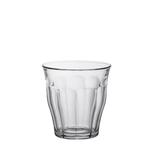 Clear Duralex Picardie tempered glass tumblers with thick base and classic French design, packaged in retail set, ideal for everyday beverage serving.