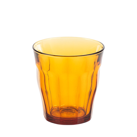 Duralex Picardie Tumbler 250ml set of four amber drinking glasses made from impact resistant tempered glass, suitable for hot and cold drinks, microwave safe, classic French design ideal for water, coffee, tea, cocktails and desserts, made in France.