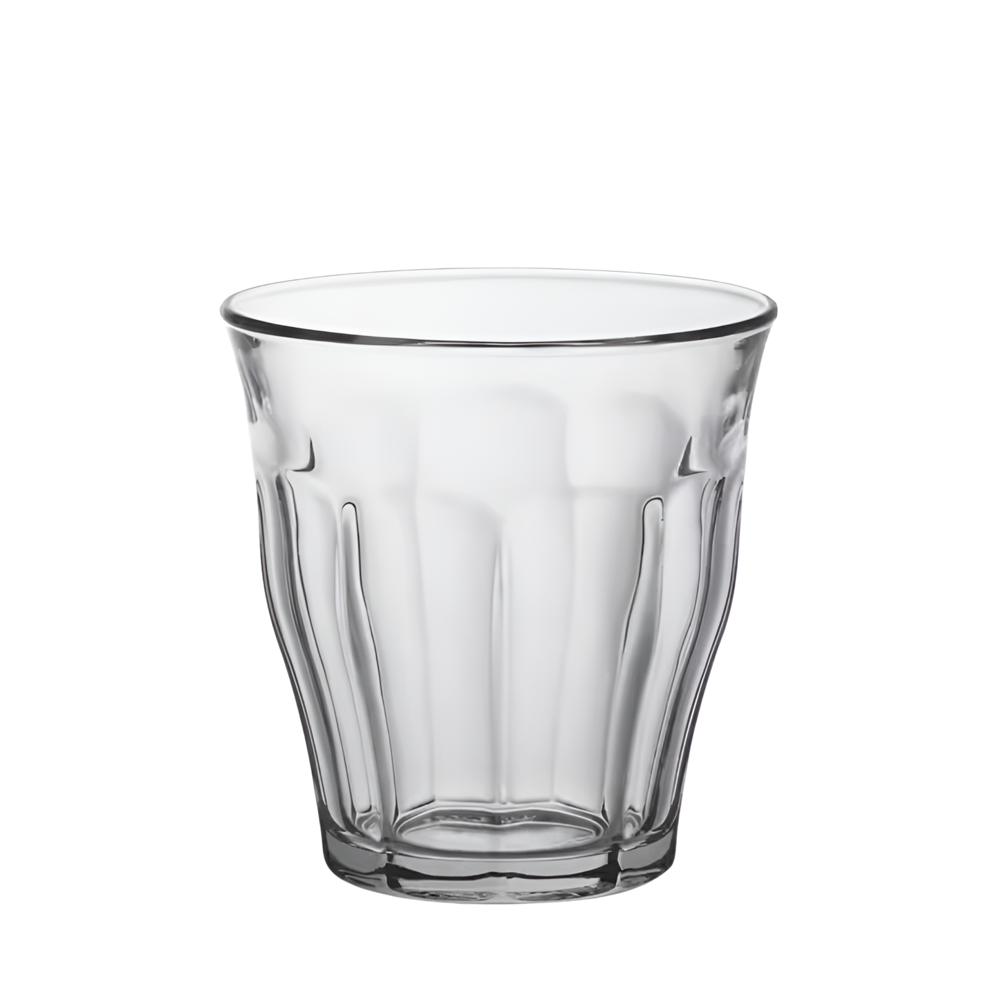 Duralex Picardie Tumbler 250ml set of four clear drinking glasses made from impact resistant tempered glass, suitable for hot and cold drinks, microwave safe, classic French design ideal for water, coffee, tea, cocktails and desserts, made in France.