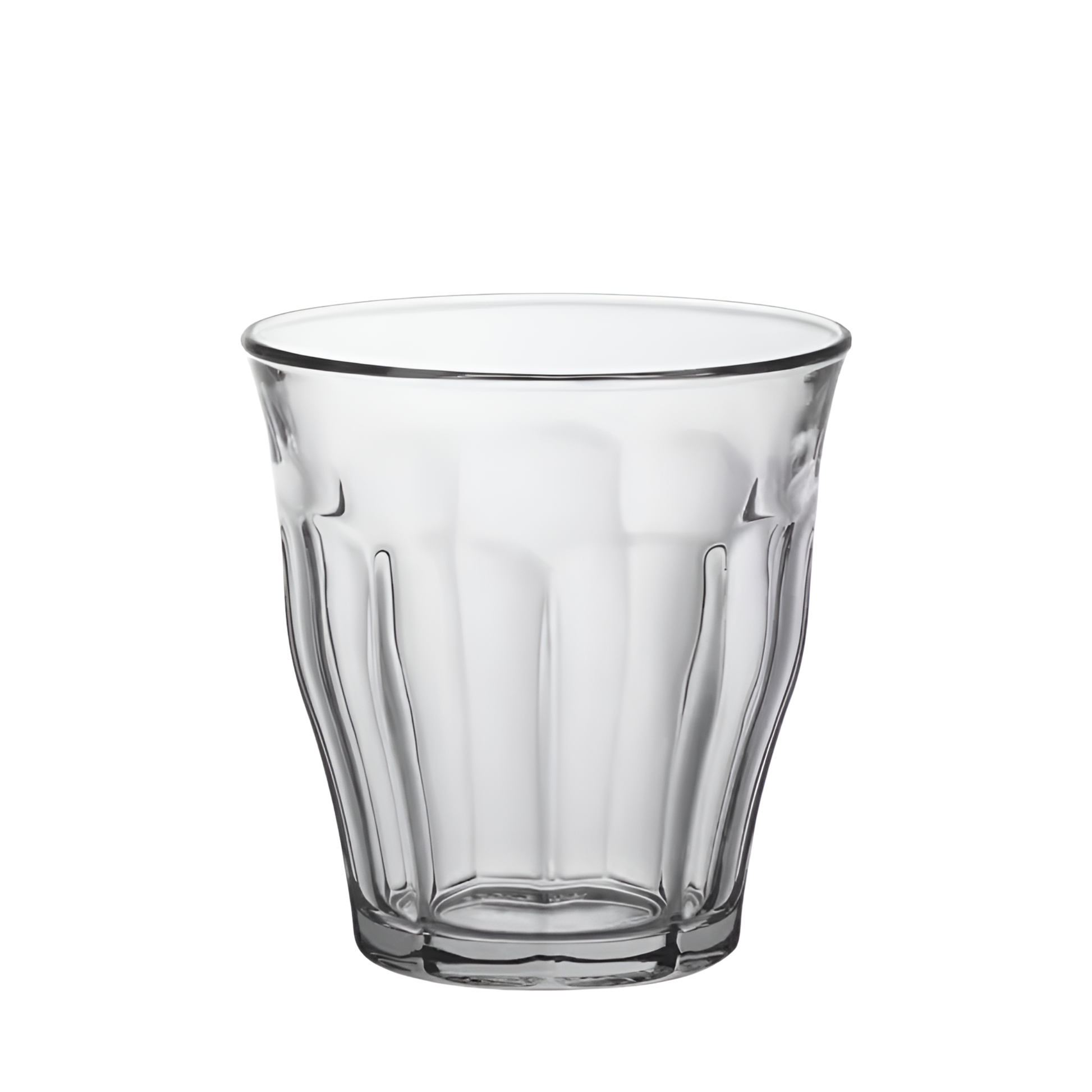 Duralex Picardie Tumbler 250ml set of four clear drinking glasses made from impact resistant tempered glass, suitable for hot and cold drinks, microwave safe, classic French design ideal for water, coffee, tea, cocktails and desserts, made in France.