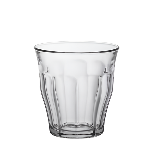 Duralex Picardie Tumbler 250ml set of four clear drinking glasses made from impact resistant tempered glass, suitable for hot and cold drinks, microwave safe, classic French design ideal for water, coffee, tea, cocktails and desserts, made in France.