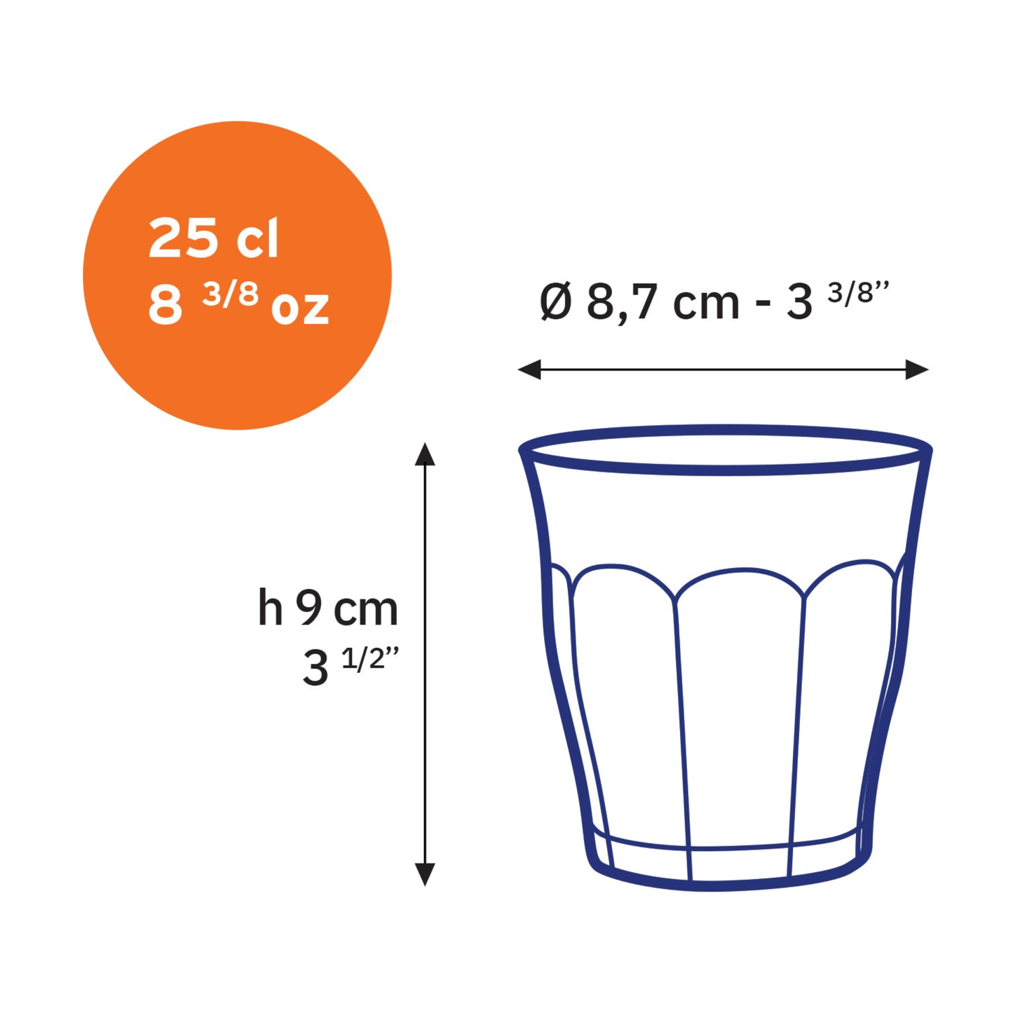 Image showing the measurement of the Duralex Picardie Tumbler 250ml set of four clear drinking glasses made from impact resistant tempered glass, suitable for hot and cold drinks, microwave safe, classic French design ideal for water, coffee, tea, cocktails and desserts, made in France.