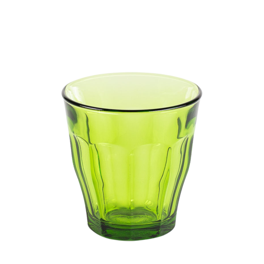 Duralex Picardie Tumbler 250ml set of four green drinking glasses made from impact resistant tempered glass, suitable for hot and cold drinks, microwave safe, classic French design ideal for water, coffee, tea, cocktails and desserts, made in France.