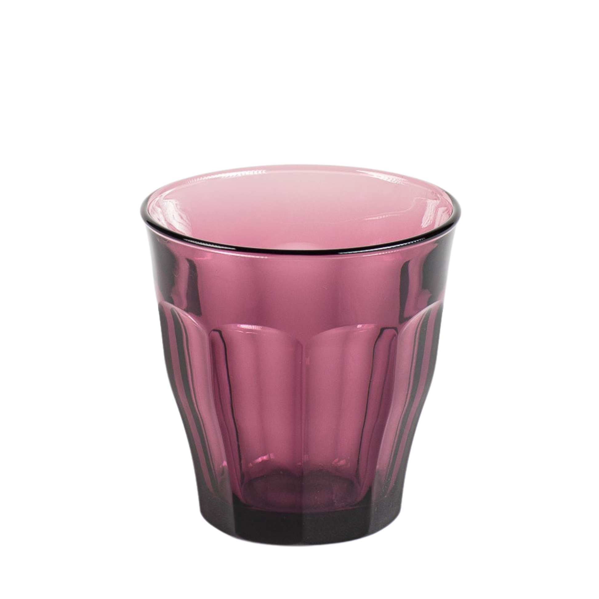 Duralex Picardie Tumbler 250ml set of four plum drinking glasses made from impact resistant tempered glass, suitable for hot and cold drinks, microwave safe, classic French design ideal for water, coffee, tea, cocktails and desserts, made in France.