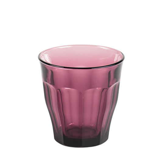 Duralex Picardie Tumbler 250ml set of four plum drinking glasses made from impact resistant tempered glass, suitable for hot and cold drinks, microwave safe, classic French design ideal for water, coffee, tea, cocktails and desserts, made in France.