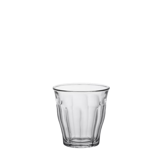 Duralex Picardie tempered glass tumblers with thick bases, durable non-porous glass 3.5 times more resistant than regular glass, ideal for serving drinks at home or professionally.