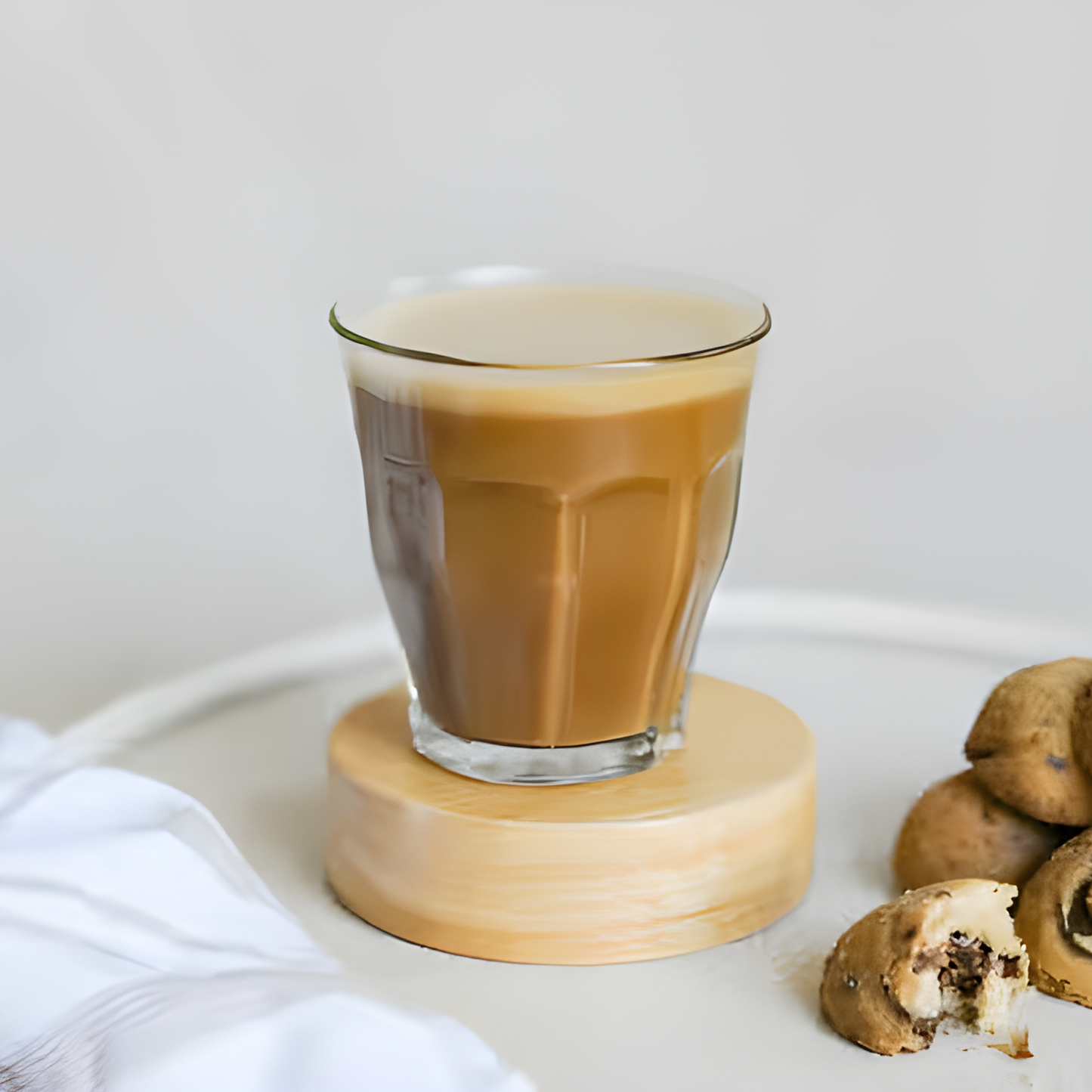 Duralex Picardie tempered glass tumbler in use, filled with coffee, featuring durable thick base and clear tempered glass 3.5 times stronger than ordinary glass.