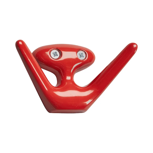 Essem Mama Hook Red designed by Jonas Bergfeldt, made from recycled aluminum featuring a chartacterful hook with open arms.