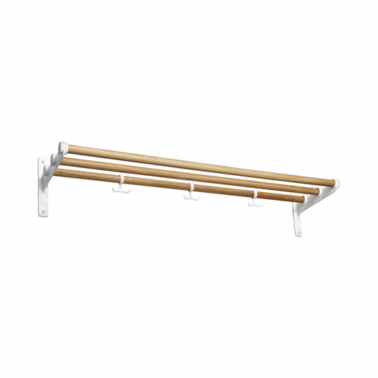 Essem Nostalgi Rack Oak designed by Gunnar Bolin, the brackets are made of recycled aluminum with a wooden or aluminum bar, can be extended and with anchor hooks.