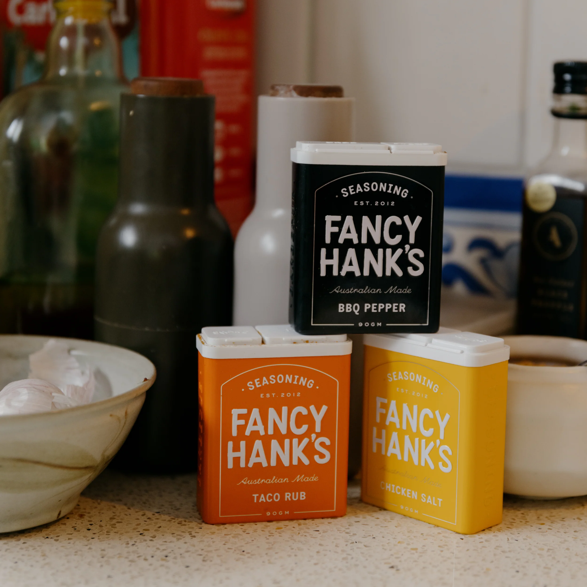 Showing the taco rub, chicken salt and the Fancy Hanks BBQ Pepper 90g, a bold pepper-forward seasoning rub designed for meat.