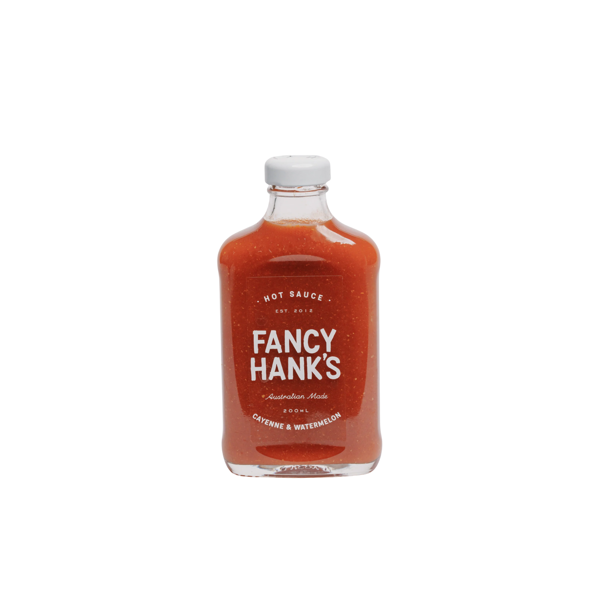 Front view of Fancy Hanks Cayenne & Watermelon Hot Sauce 200ml bottle, vibrant red sauce in a clear glass container with a white lid.