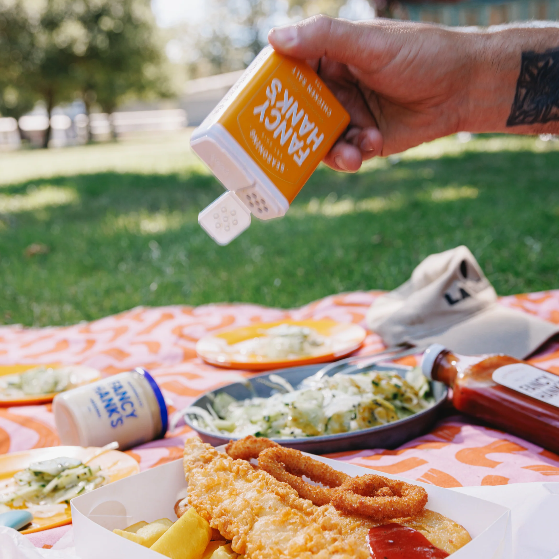 Seasoning the fried picnic food, using the Fancy Chicken Salt 90g savoury blend, vegan friendly made with real vegetable powders, spices and yeast extract.