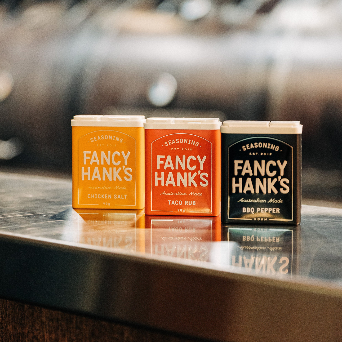 Showing the taco rub, the barbecue pepper and the Fancy Chicken Salt 90g savoury blend, vegan friendly made with real vegetable powders, spices and yeast extract.