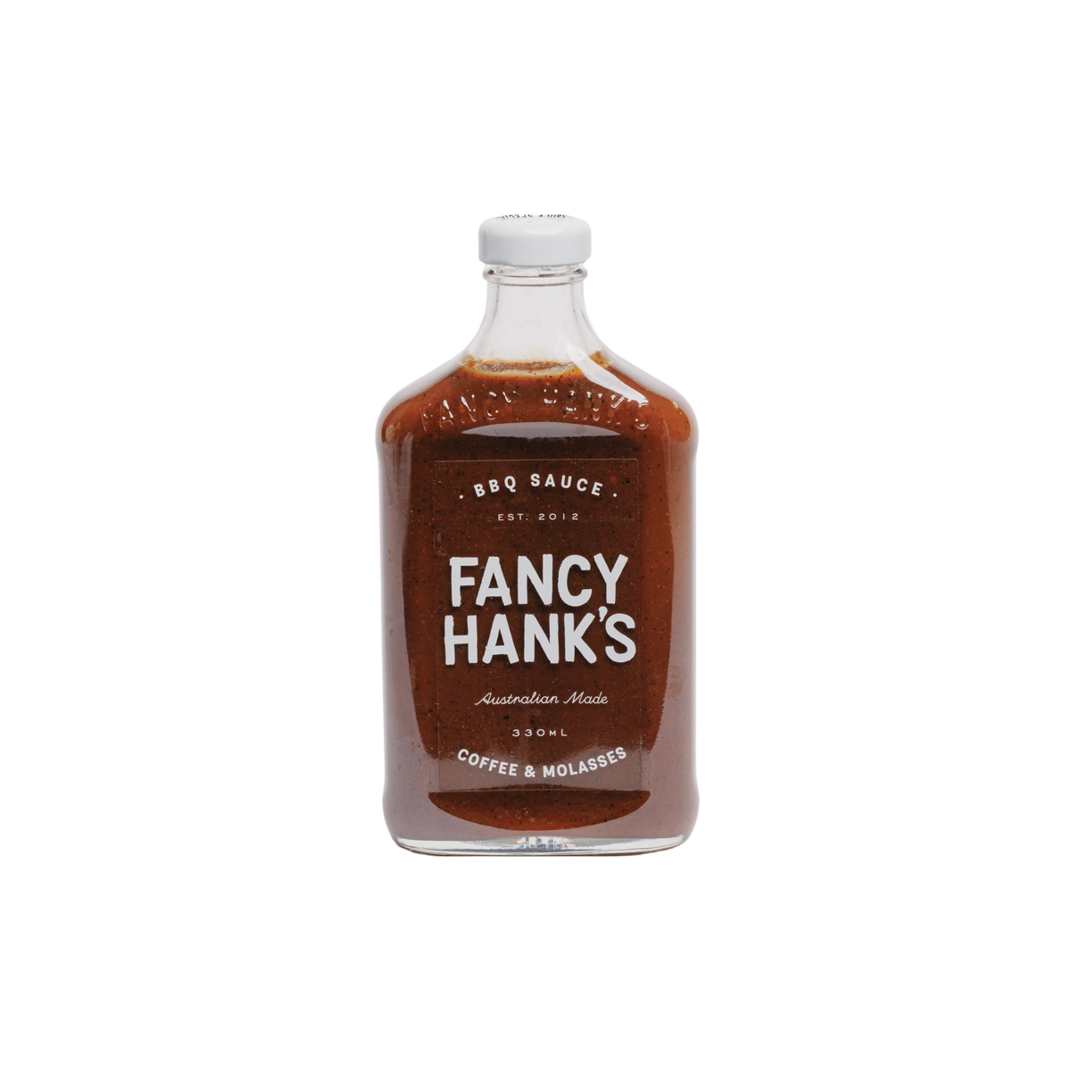 Front view of Fancy Hank's Coffee & Molasses BBQ Sauce comes in a glass bottle (330ml) with a white cap and white label text.