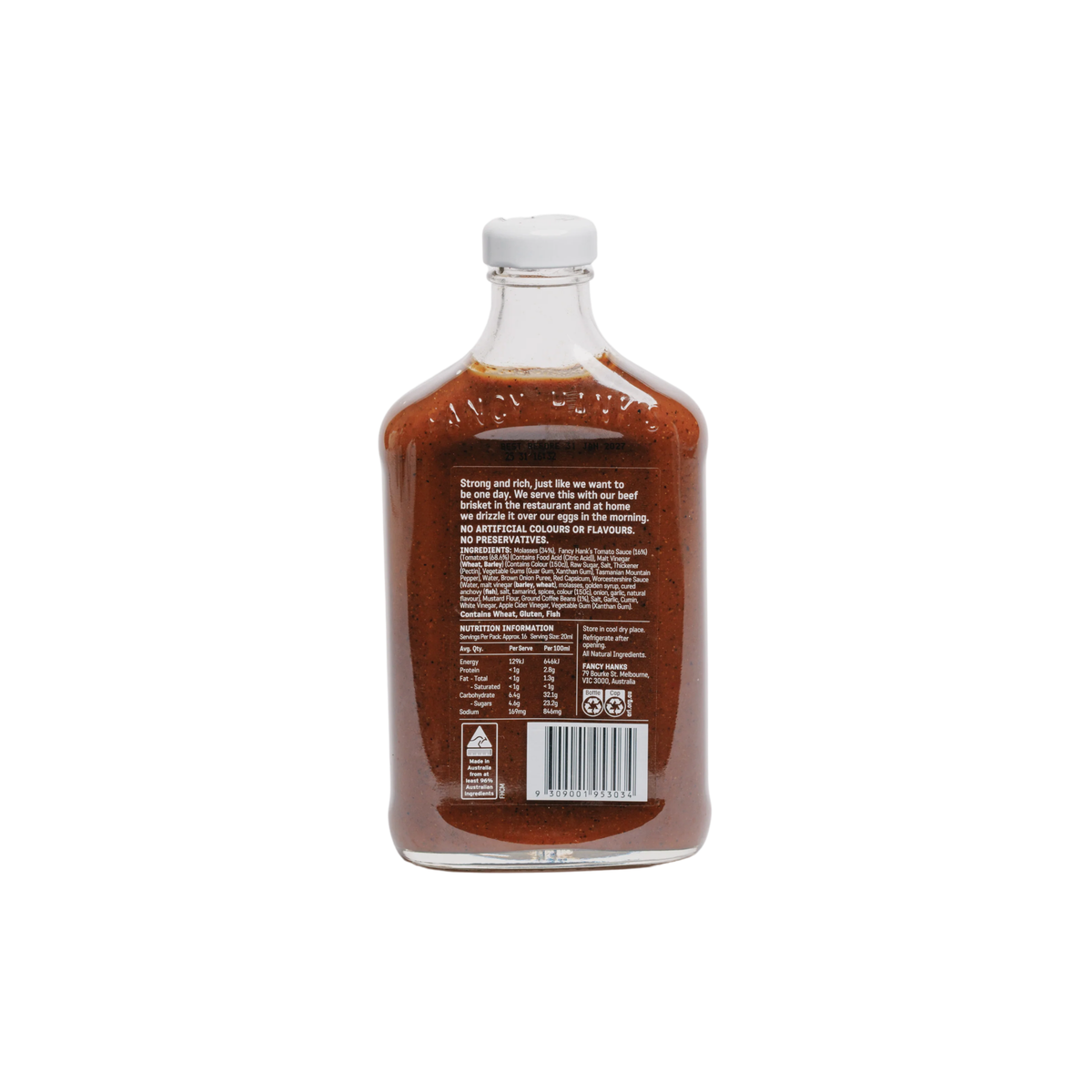Back view of Fancy Hank's Coffee & Molasses BBQ Sauce comes in a glass bottle (330ml) with a white cap and white label text.