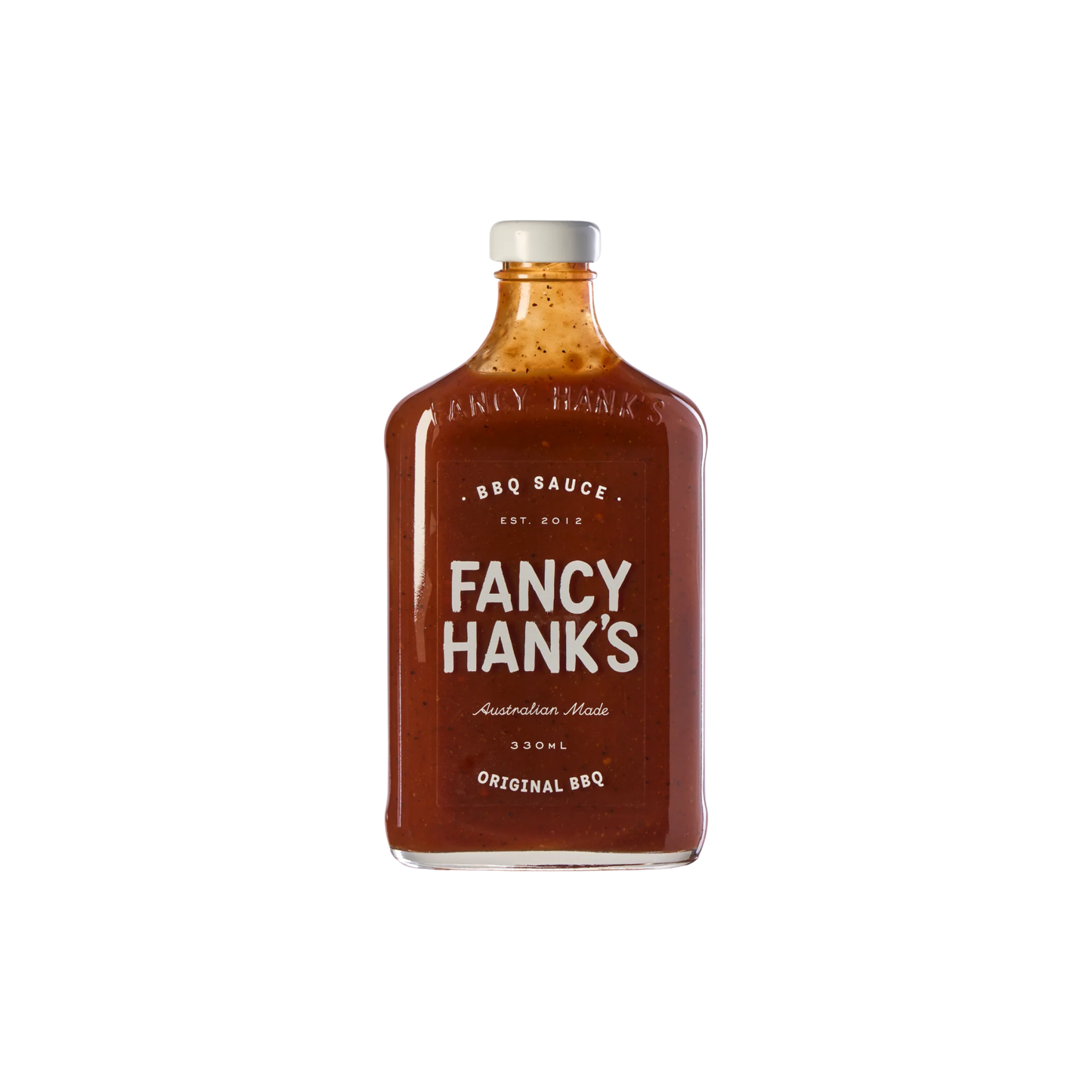 Front view of the Fancy Hanks Original BBQ Sauce 330ml, which is a slow-cooked American style barbecue sauce that is tangy, rich and molasses layered depth.