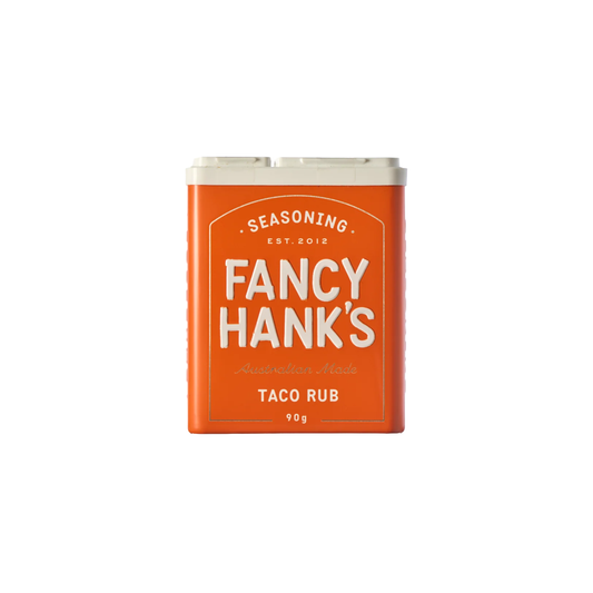 Front view of the Fancy Hanks Taco Rub 90g, a bold vegan friendly spice blend for tacos, and anything that needs a flavour hit. No preservatives added.