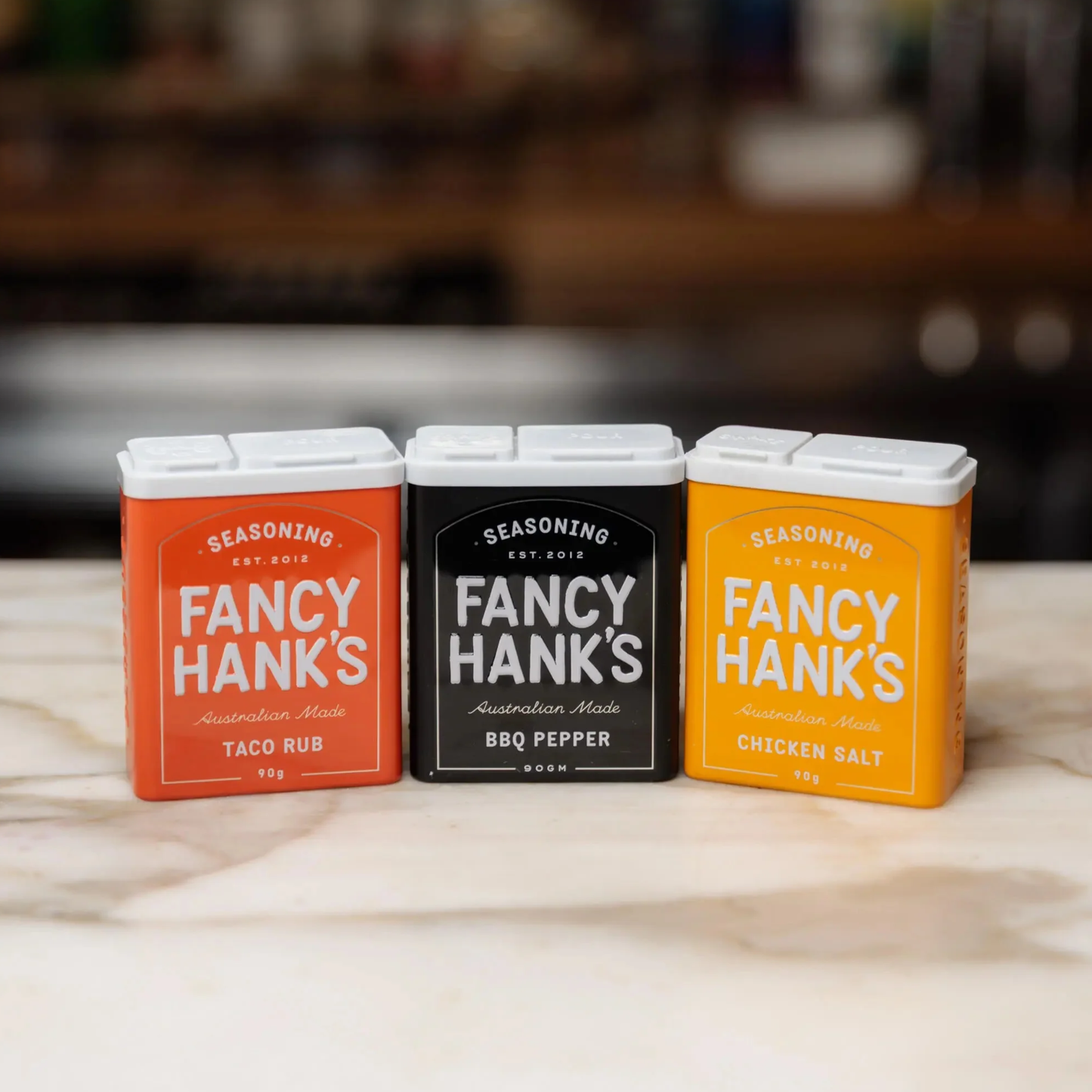 Front view of the three seasoning including the Fancy Hanks Taco Rub 90g, a bold vegan friendly spice blend for tacos, and anything that needs a flavour hit. No preservatives added.
