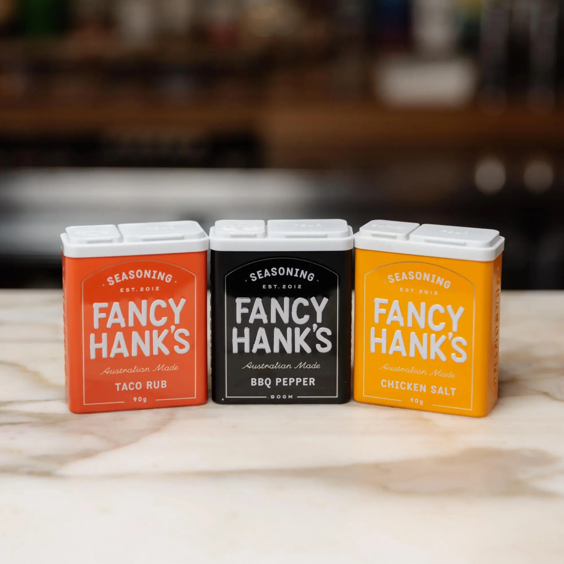 Front view of the three seasoning including the Fancy Hanks Taco Rub 90g, a bold vegan friendly spice blend for tacos, and anything that needs a flavour hit. No preservatives added.