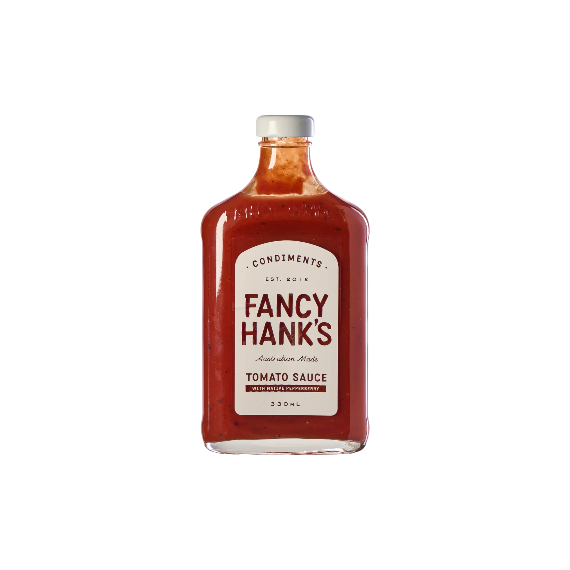 Front view of the Fancy Hanks Tomato Sauce 330ml, a classic Australian tomato sauce with Australian-grown tomatoes, malt vinegar and Tasmanian Mountain Pepper.