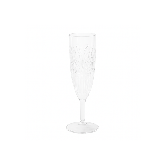 Clear acrylic champagne flute with elegant embossed detailing, glass-like clarity, and shatter-resistant BPA-free material.
