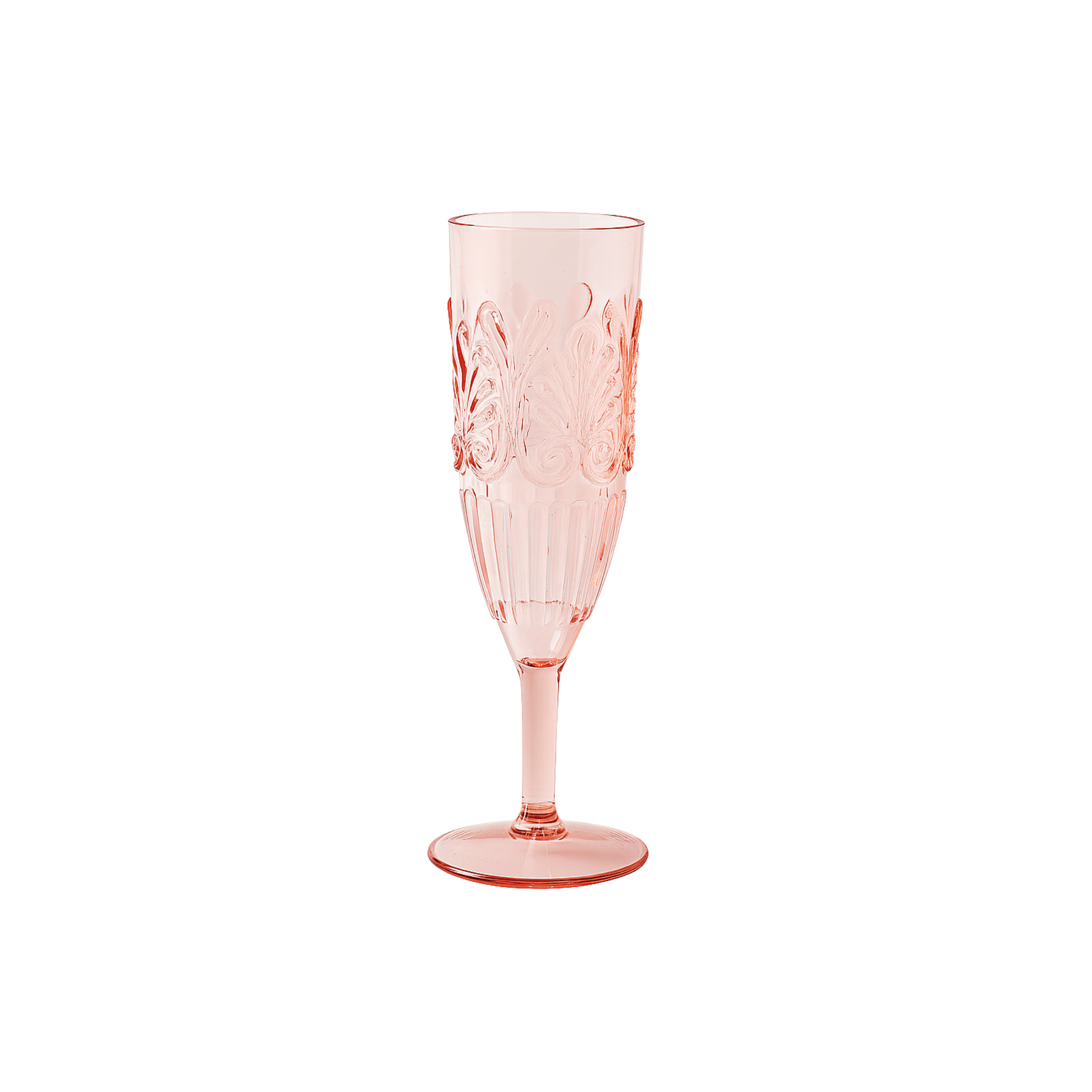 Pale pink Fathom Clear acrylic champagne flute with elegant embossed detailing, glass-like clarity, and shatter-resistant BPA-free material.