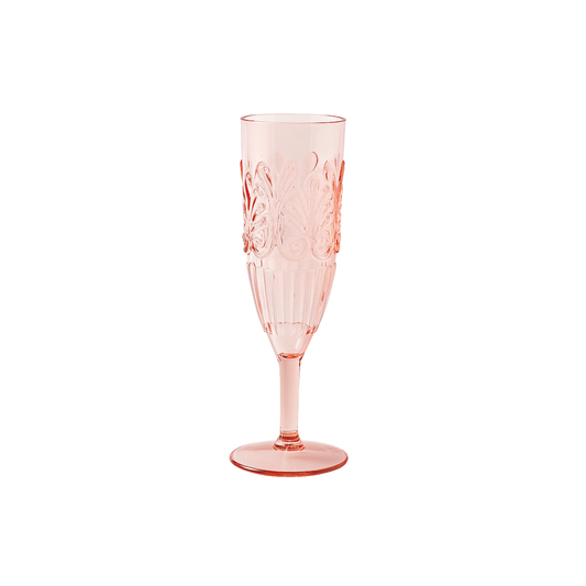 Pale pink Fathom Clear acrylic champagne flute with elegant embossed detailing, glass-like clarity, and shatter-resistant BPA-free material.