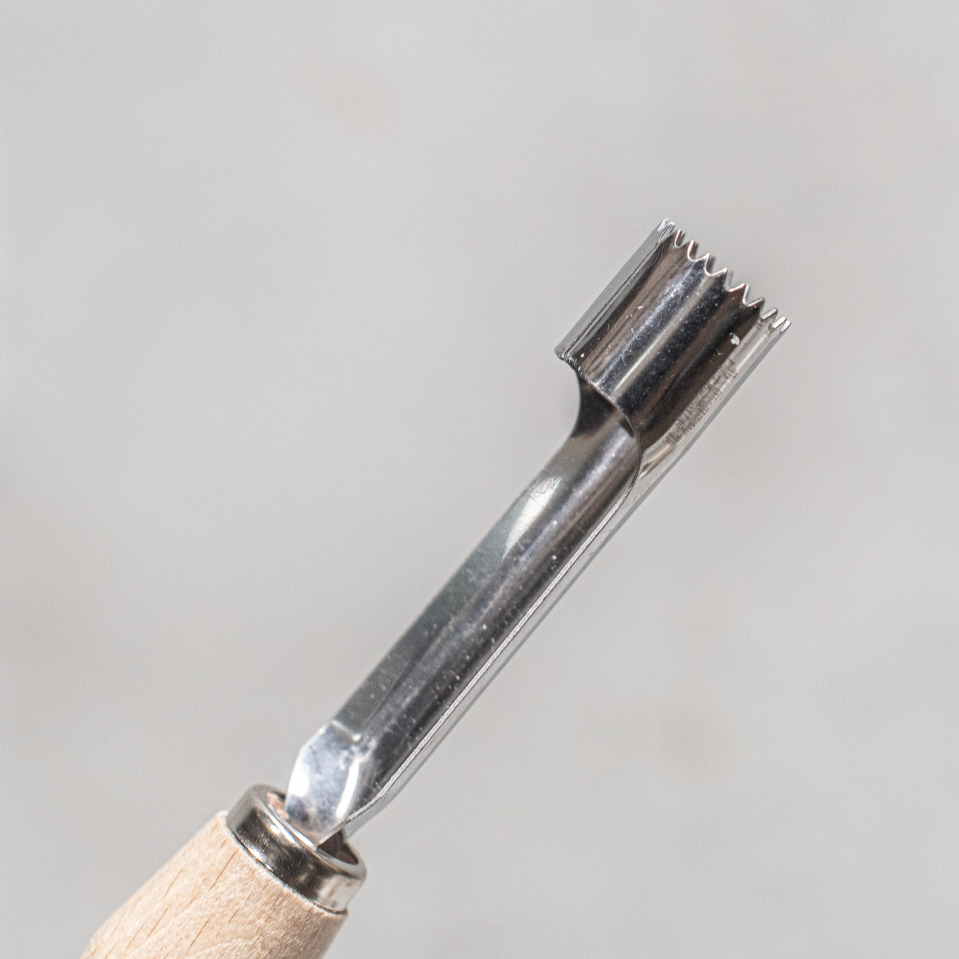 Close up of the Fathom Apple Corer Stainless Steel with Beach Handle, serrated tip for precise entry, clean removal and also be used as small cutter.