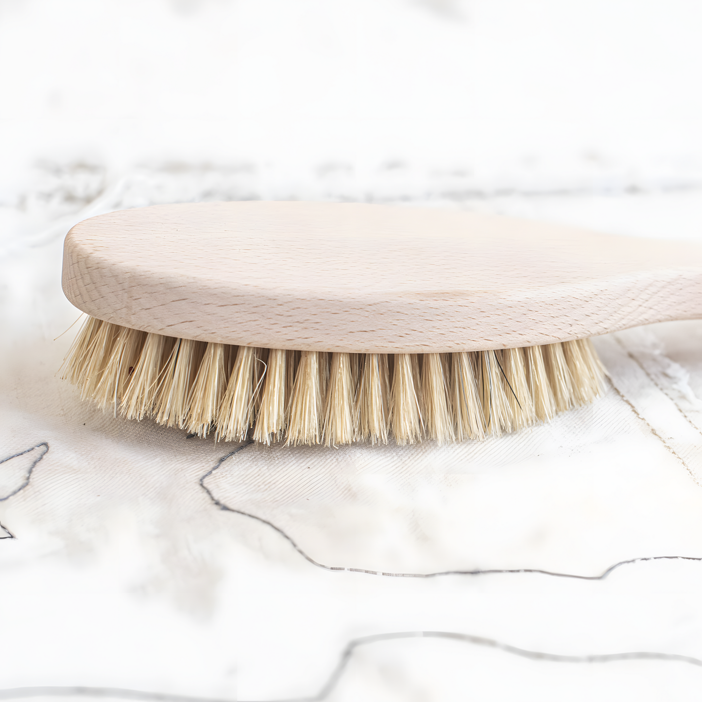 The brush on the surface side for Fathom 38cm beechwood bath brush with natural bristles, single-piece German-made bath brush for gentle skin exfoliation and cleansing in the shower.