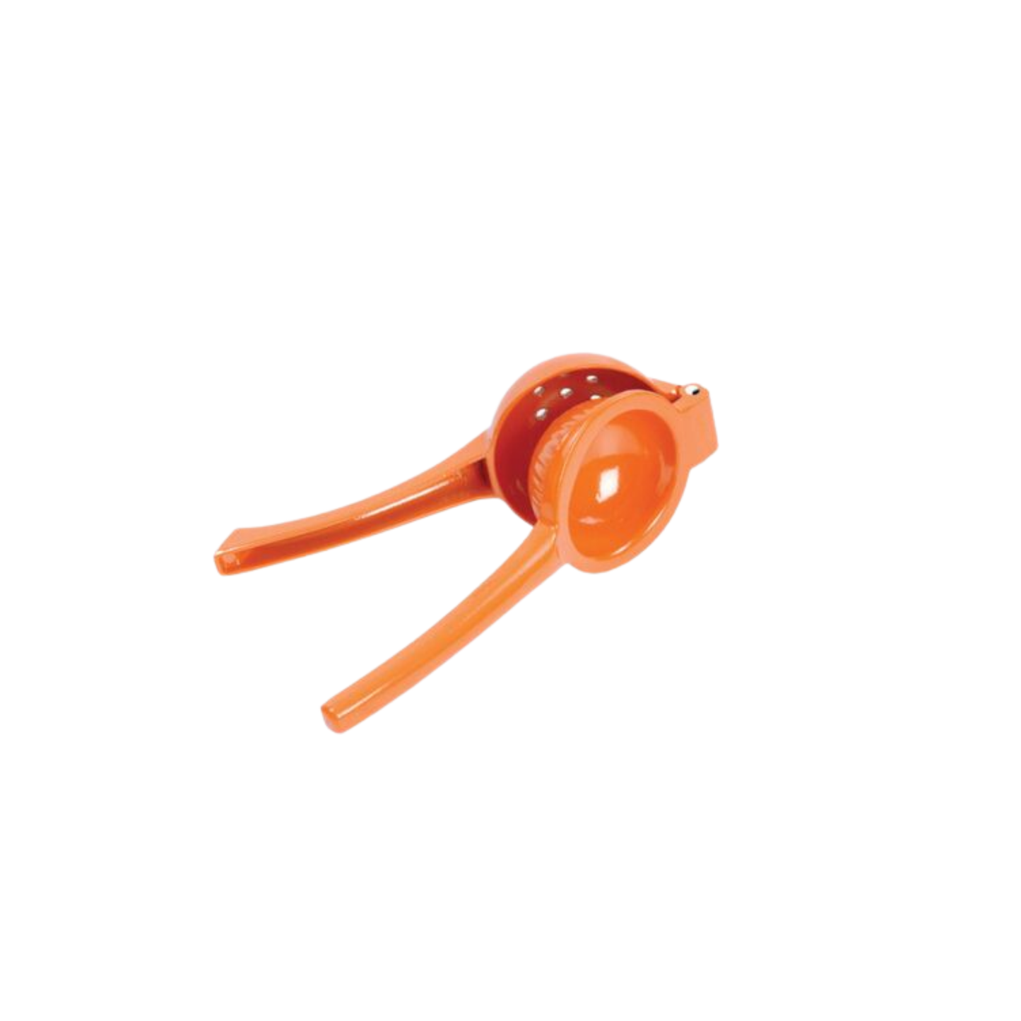 Orange metal Citrus squeezer angled side view half opened 