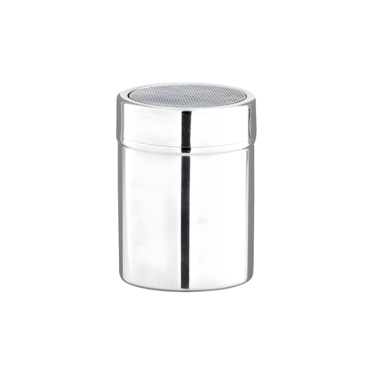 Fathom Cocoa shaker made from stainless steel with twist-lock lid and mesh top, kitchen sifter for cocoa, icing sugar, cinnamon, and flour.
