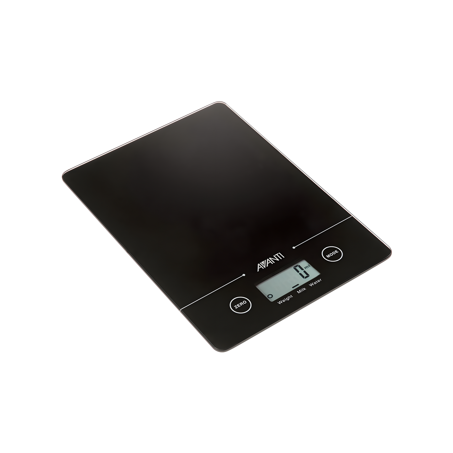 Fathom black digital kitchen scale with tempered glass platform, compact electronic food scale featuring LCD display, touch sensitive buttons, tare add-and-weigh function, and 5kg precision weighing.