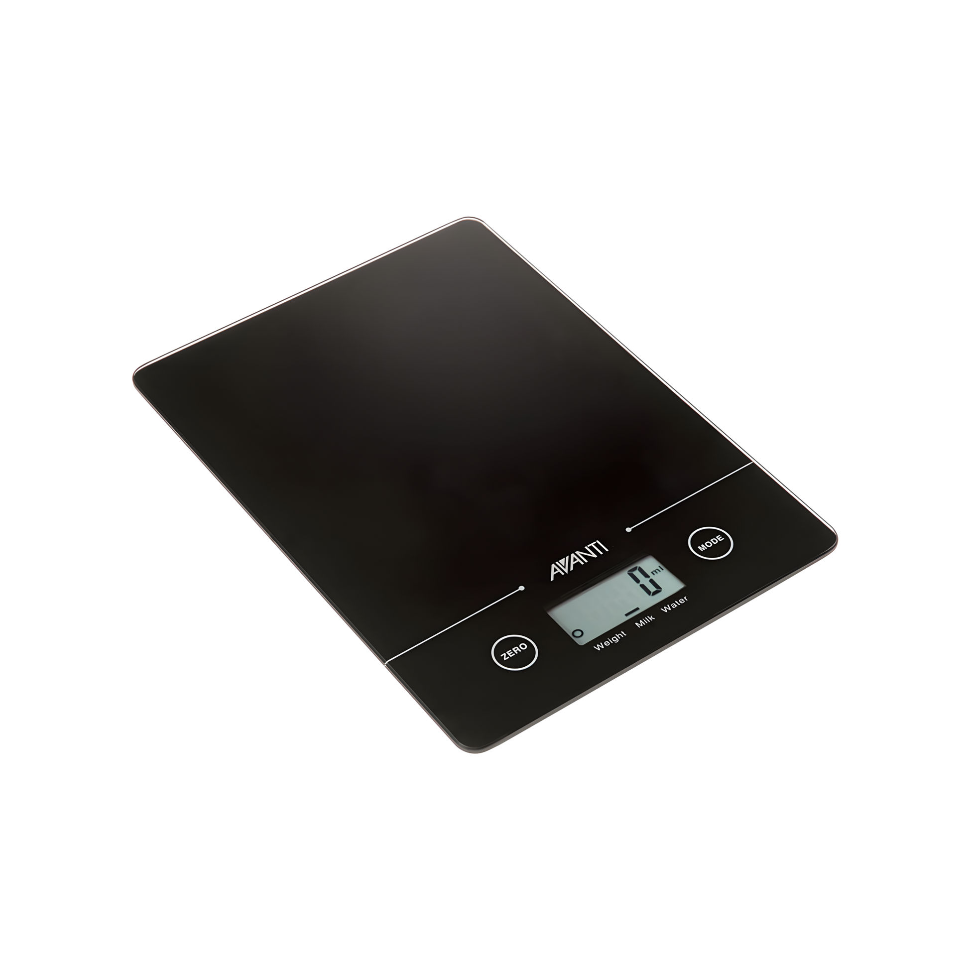 Fathom black digital kitchen scale with tempered glass platform, compact electronic food scale featuring LCD display, touch sensitive buttons, tare add-and-weigh function, and 5kg precision weighing.