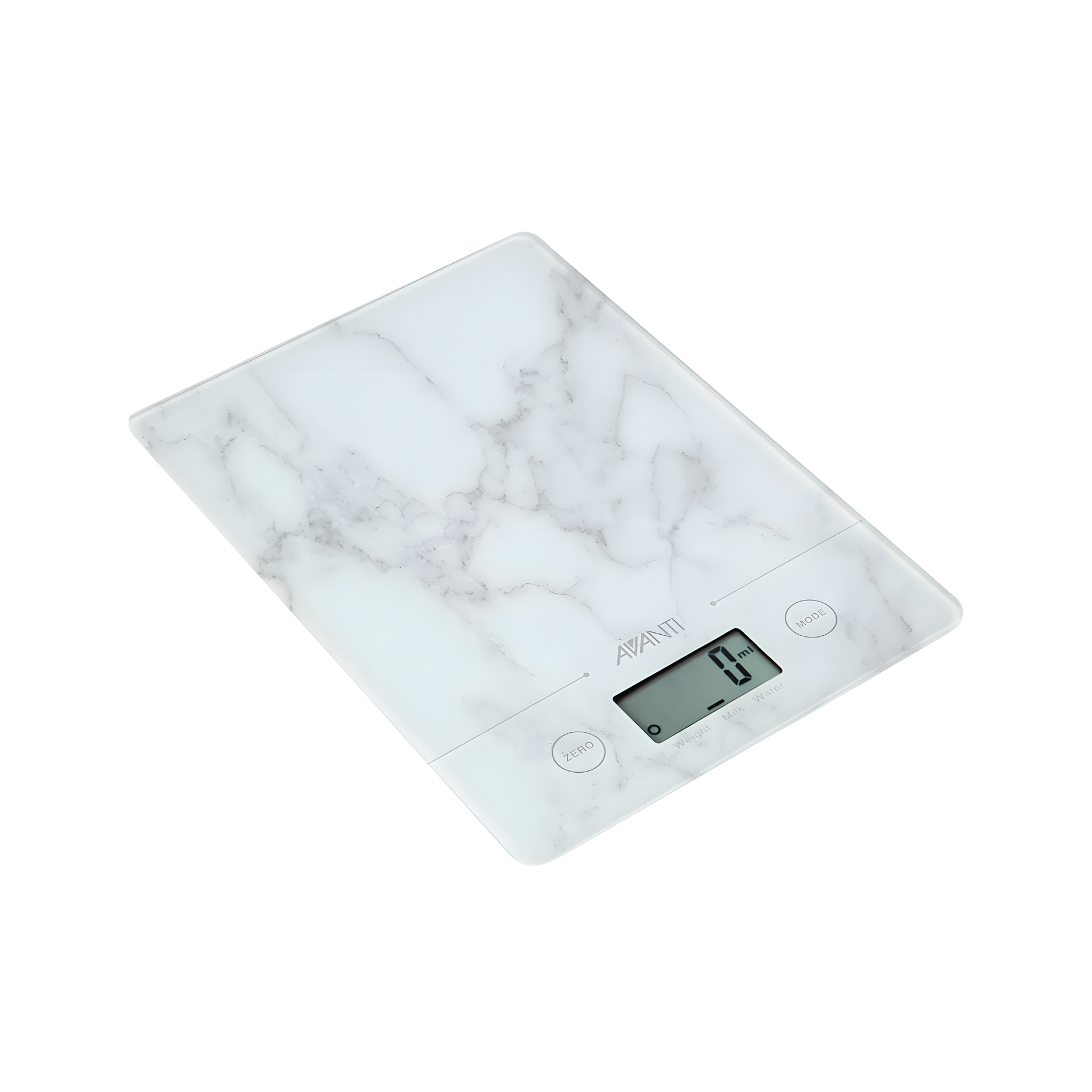 Fathom digital kitchen scale in marble finish with tempered glass platform, compact electronic food scale featuring LCD display, touch sensitive buttons, tare add-and-weigh function, and 5kg precision weighing.