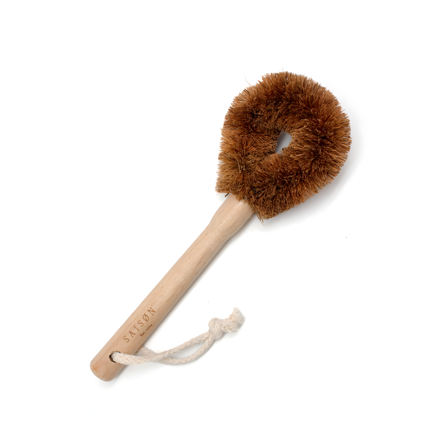 Fathom dish brush with natural coconut fibre bristles and untreated beechwood handle, eco-friendly cleaning brush for kitchen, bathroom, and laundry use.