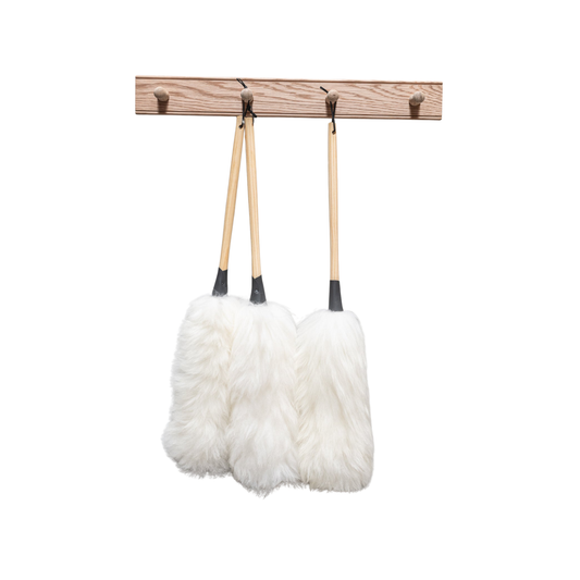 Fathom Duster Deluxe made in Australia, featuring a turned wooden handle, soft white Australian wool fibres, and a leather hanging loop for stylish, efficient dusting.