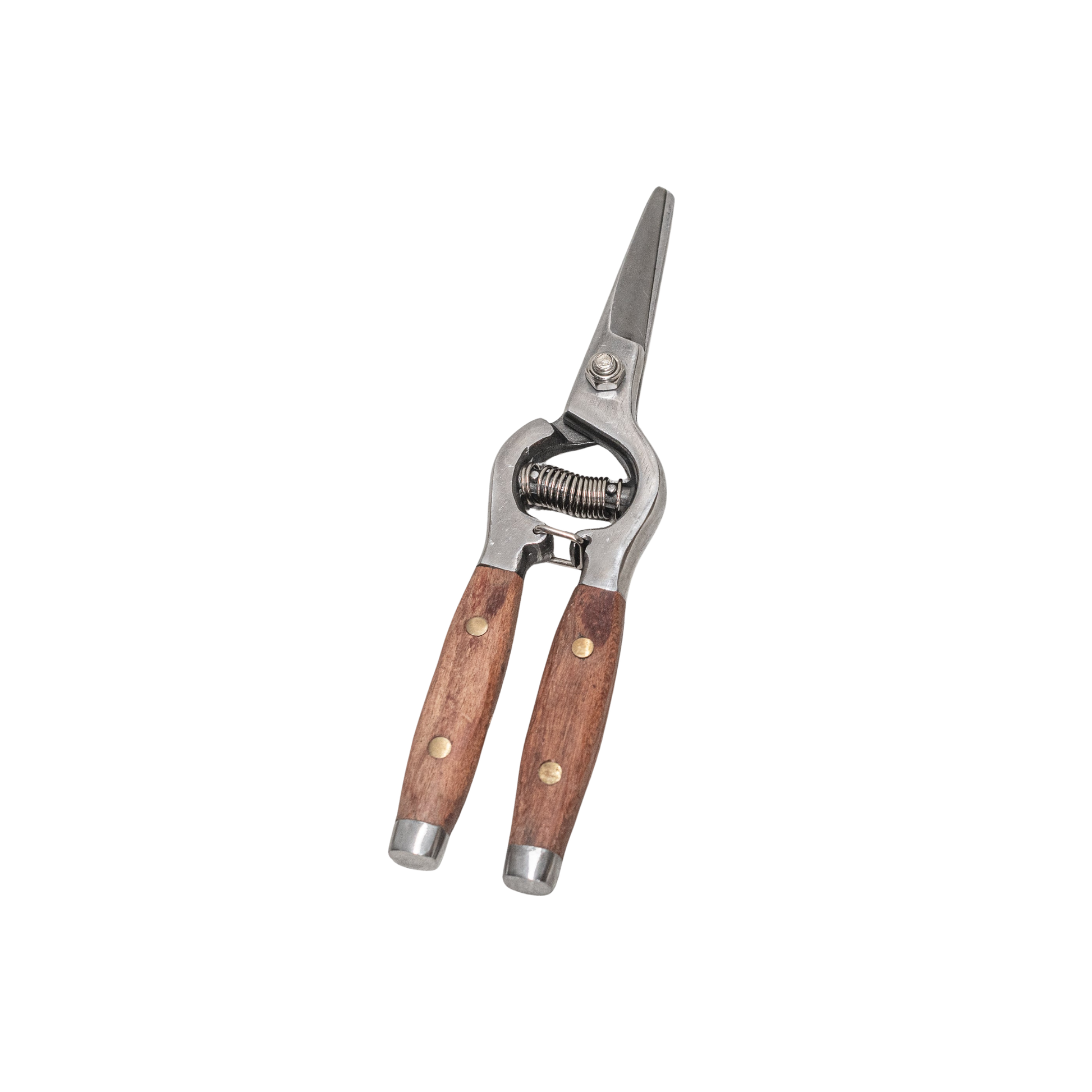 Close scissor blades from Fathom Flower Snips feature stainless steel double blades with hand-worked redwood handles accented by brass pins, measure approximately 21cm in length.
