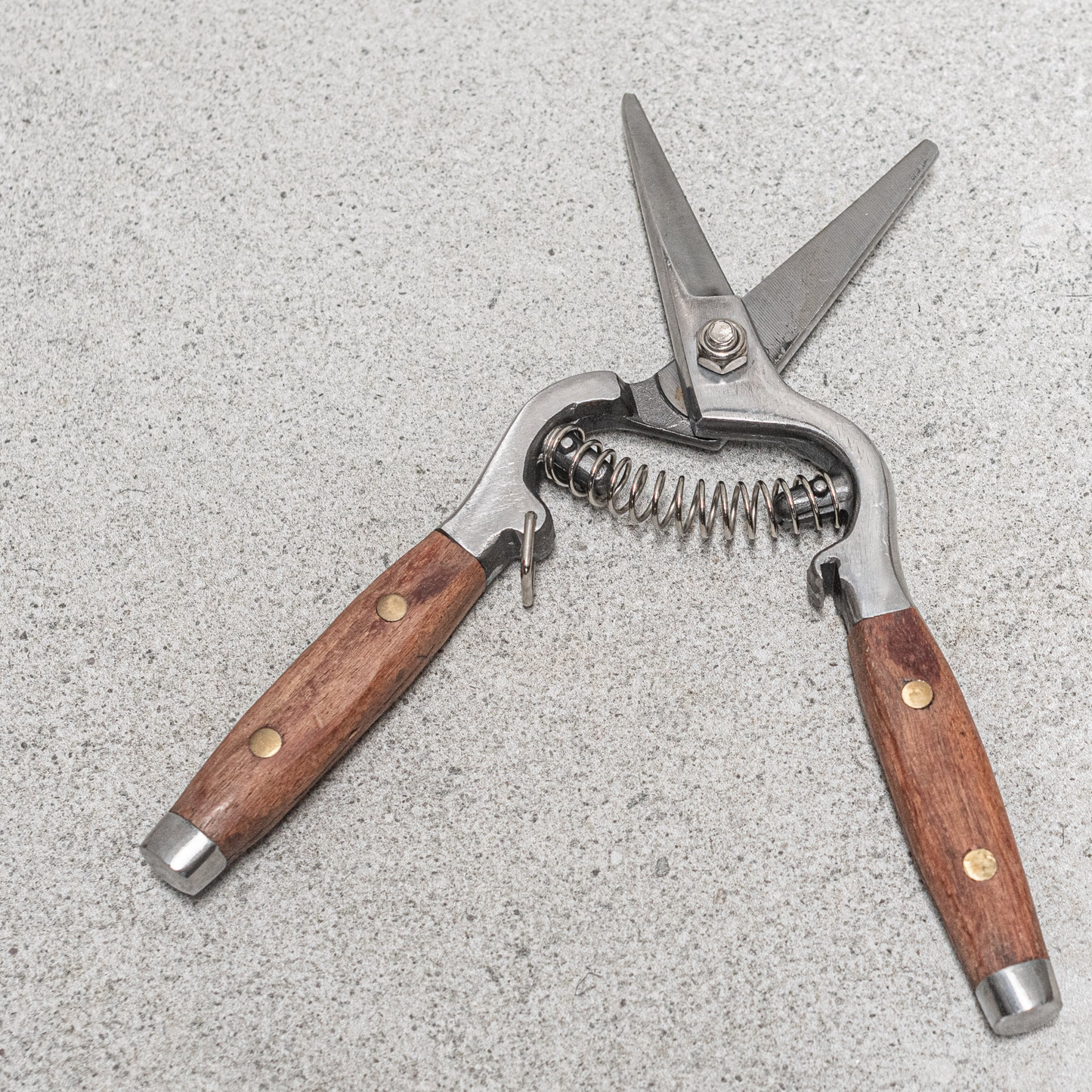 Open scissor blades from Fathom Flower Snips feature stainless steel double blades with hand-worked redwood handles accented by brass pins, measure approximately 21cm in length.