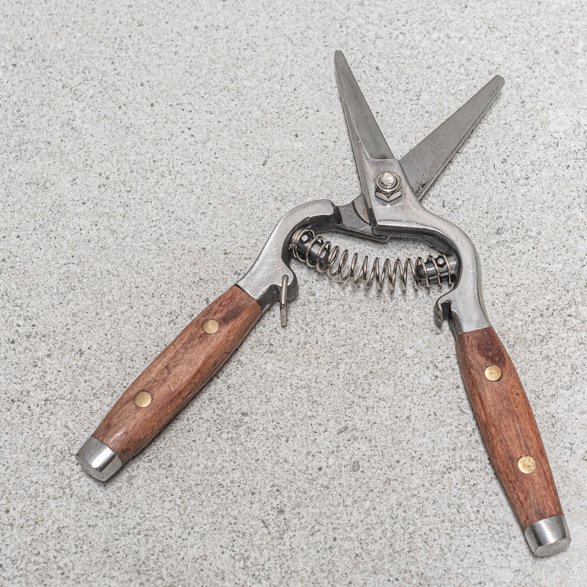 Open scissor blades from Fathom Flower Snips feature stainless steel double blades with hand-worked redwood handles accented by brass pins, measure approximately 21cm in length.