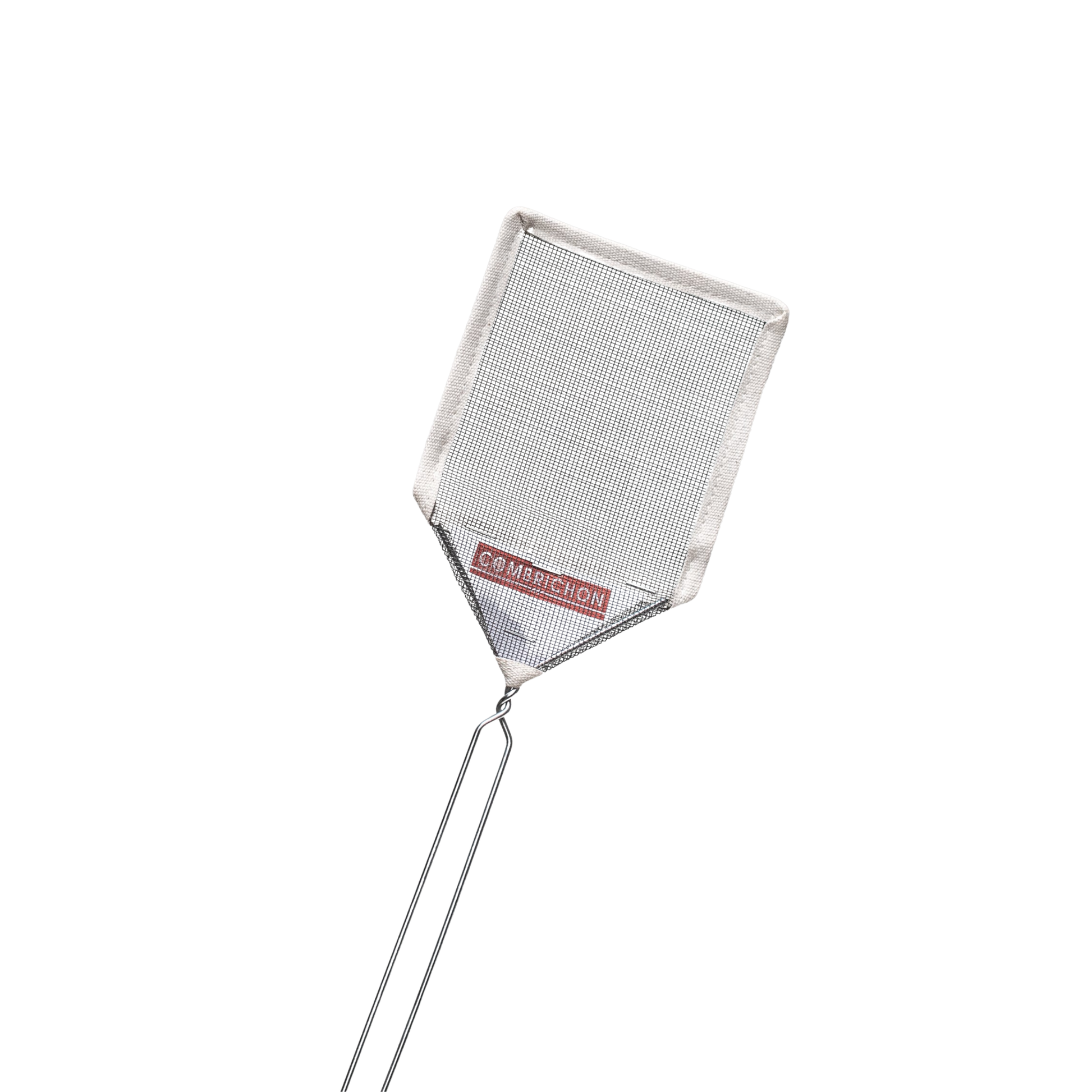 Front view of Fathom French mesh fly swatter with natural handle, 54cm lightweight insect control tool for indoor and outdoor use in kitchens, patios, and dining areas.