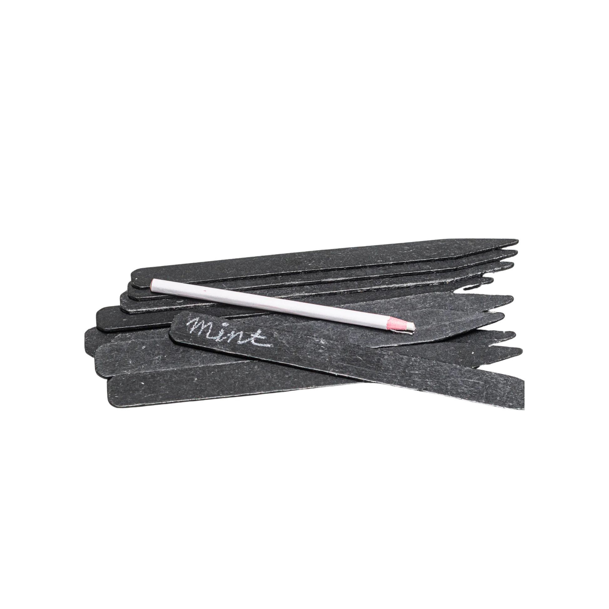 Black garden lables with white pencil sprawled out 