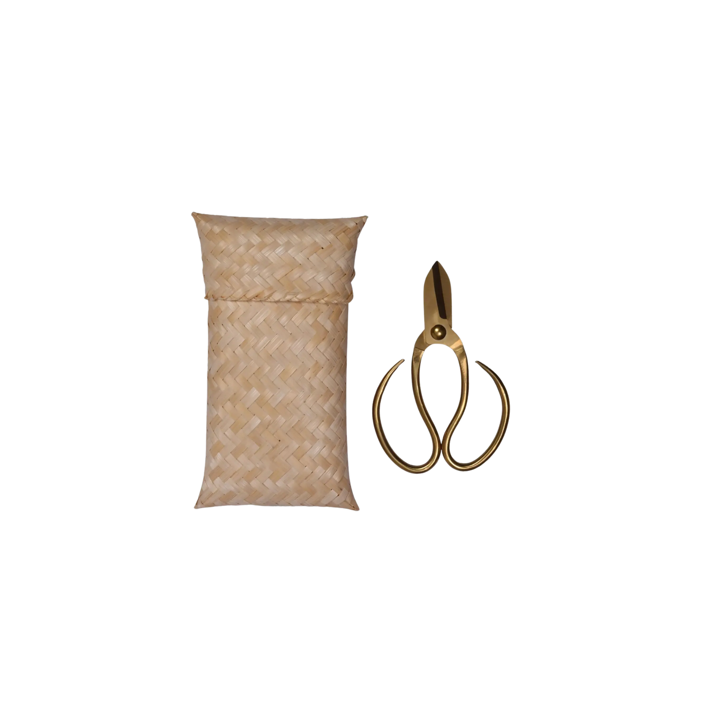Garden scissors next to bamboo packaging bag front view