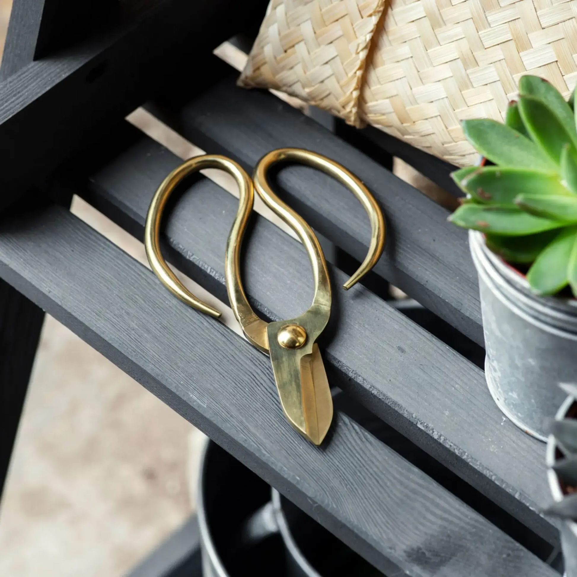Garden scissors on bench outside with bamboo packaging bag in background