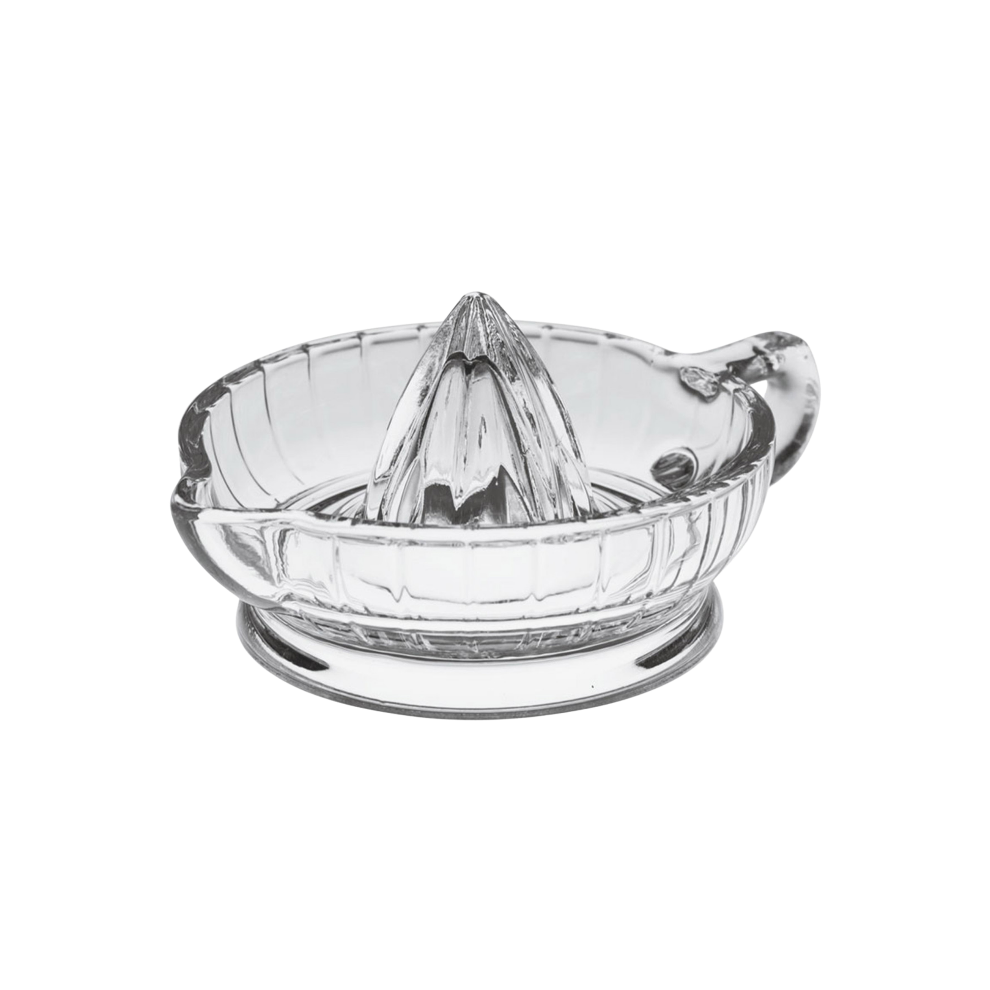 Glass citrus juicer angled front view 