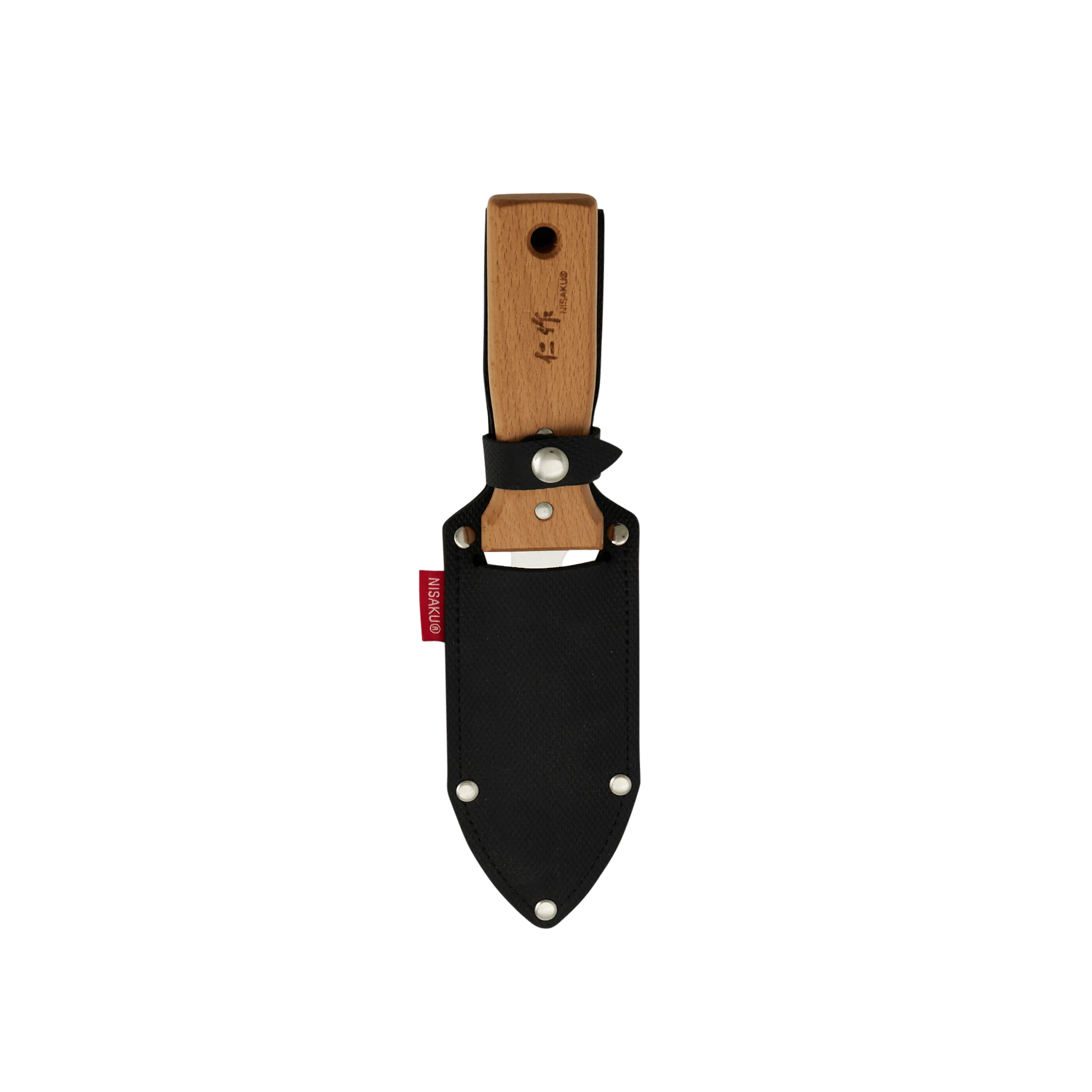 Tip down view of the Fathom Hori Hori Compact Japanese Garden Knife with Sheath with blade as stainless steel and 70mm, with varnished hardwood and synthetic leather sheath.