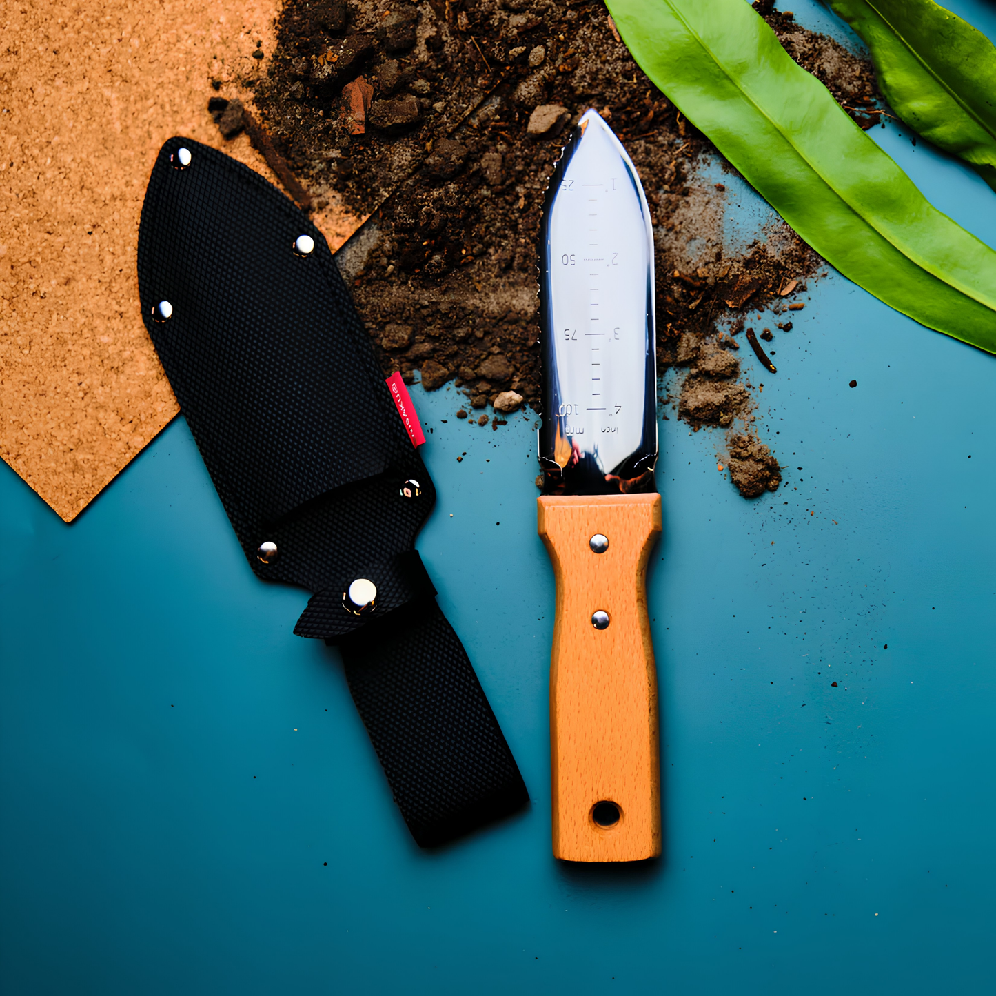 On a surface with soil, the Fathom Hori Hori Compact Japanese Garden Knife with Sheath with blade as stainless steel and 70mm, with varnished hardwood and synthetic leather sheath.