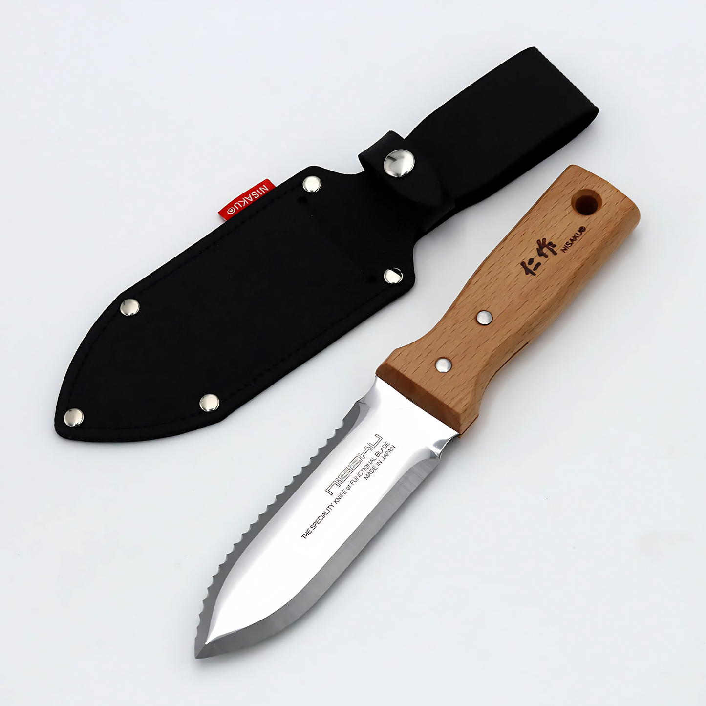 Fathom Hori Hori Compact Japanese Garden Knife with Sheath with blade as stainless steel and 70mm, with varnished hardwood and synthetic leather sheath.