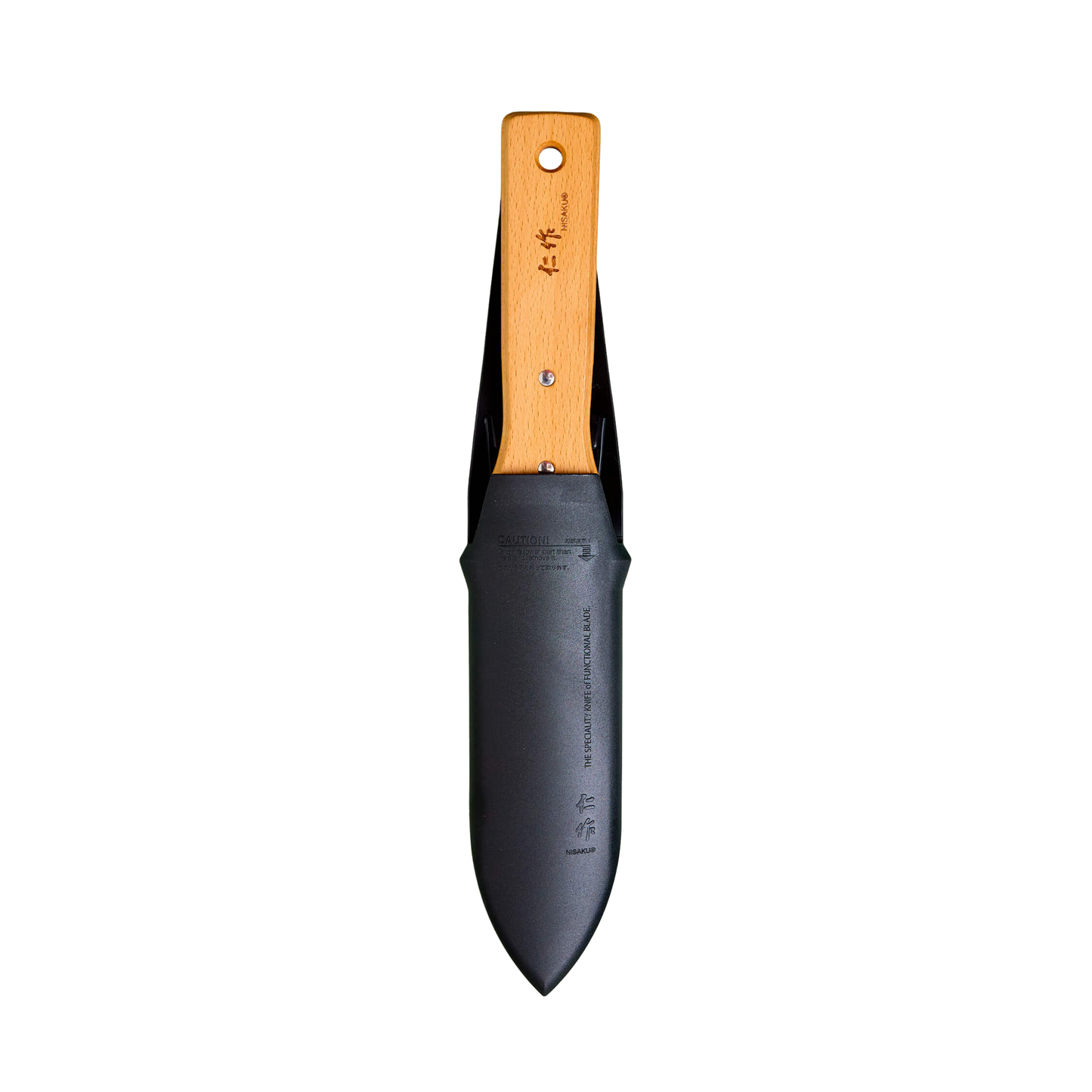 Tip down view of the Fathom Hori Hori Japanese Garden Knife with Sheath features a dual edged that is one serrated and one straight with scalloped stainless steel, hardwood handle and hard sheath.