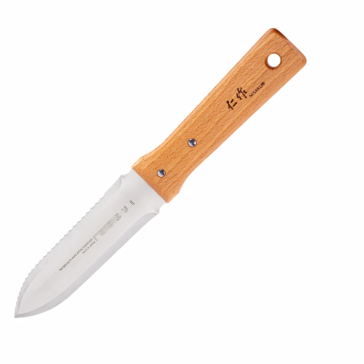 Left side view of the Fathom Hori Hori Japanese Garden Knife with Sheath features a dual edged that is one serrated and one straight with scalloped stainless steel, hardwood handle and hard sheath.