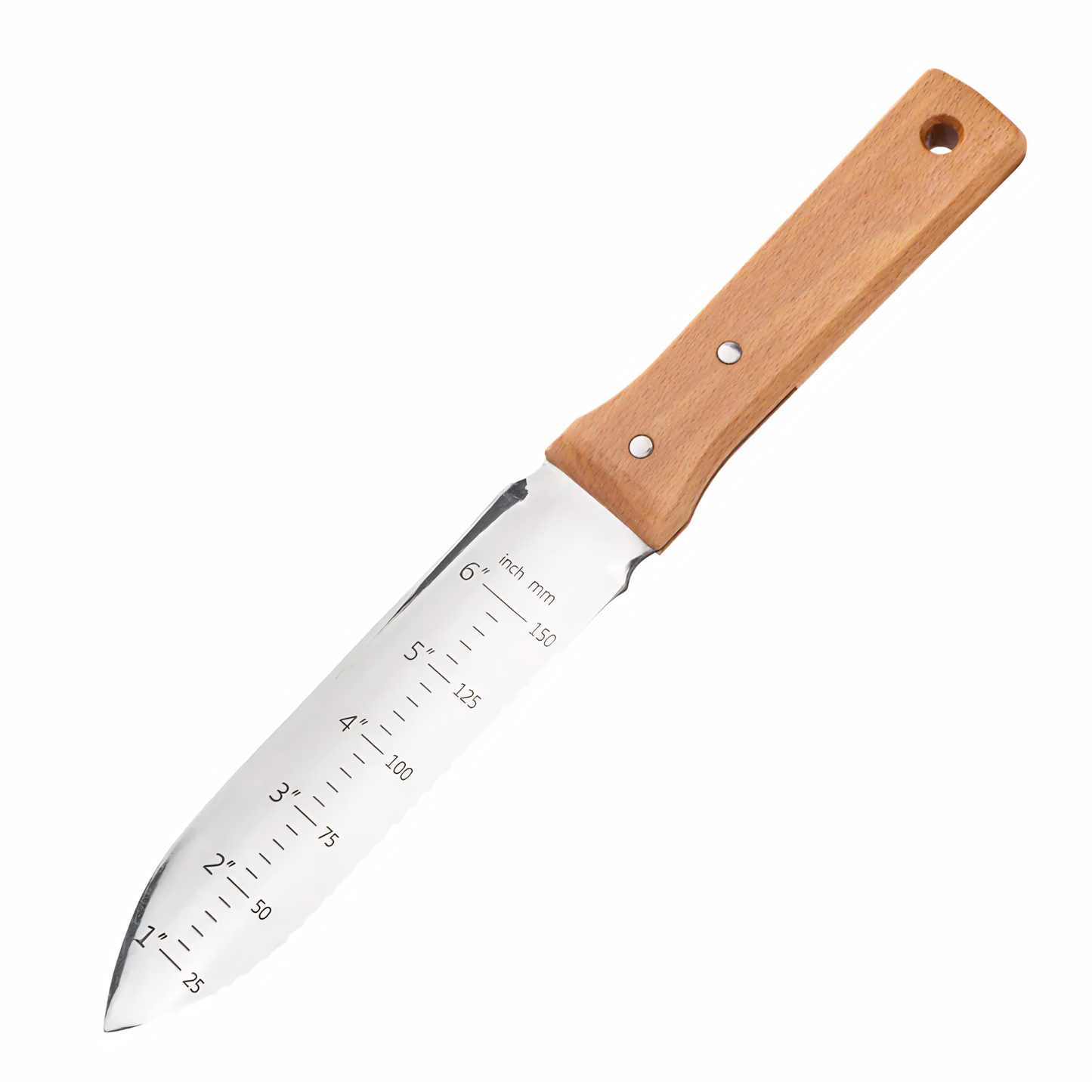 Right side view of the Fathom Hori Hori Japanese Garden Knife with Sheath features a dual edged that is one serrated and one straight with scalloped stainless steel, hardwood handle and hard sheath.